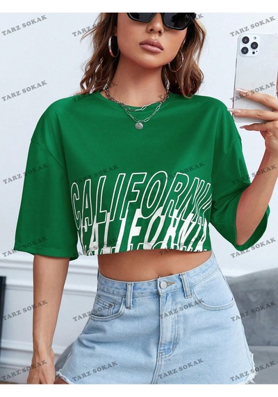 Flood Of Style Crop Ckod-232913 Mektup Grafikli Düşük Omuz Kısa Yeşil