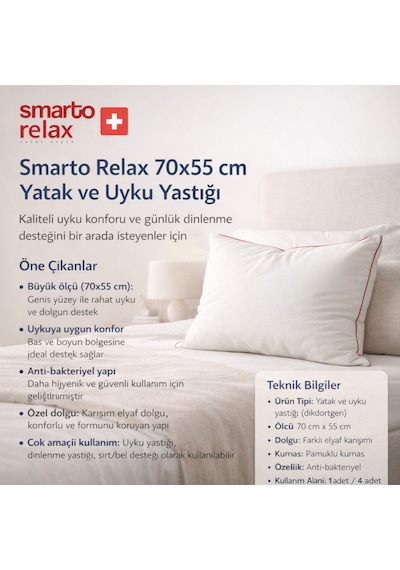 Smarto Relax Tekli 70x55 Cm Yatak Yastığı Karışım Elyaf Dolgu,pamuklu Kumaş, Anti-bakteriyel Büyük Boy Diğer