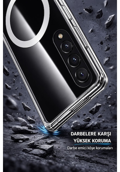 Samsung Uyumlu Galaxy Z Fold 3  Kamera Korumalı Magsafe Wireless Şarj Özellikli Lüks Şeffaf Silikon Telefon Kılıfı Şeffaf