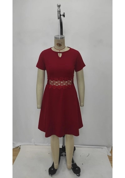 Defymoda Kadın Kısa Kollu Yuvarlak Yaka Damla Detaylı Janjan Elbise Bordo