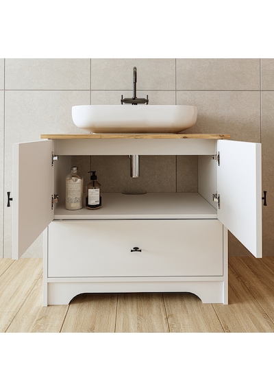 Oval Lavabolu Ayaklı 2 Kapaklı Çekmeceli Mdf 80 Cm Banyo Dolabı Atlantik Çam - Beyaz Oval Lavabolu Ayaklı 2 Kapaklı Çekmeceli Mdf 80 Cm Banyo Dolabı Atlantik Çam - Beyaz