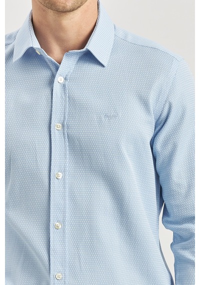 İmza Mavi Uzun Kol Kendinden Desenli Armürlü 032 Sert Yaka Casual Slim Fit Gömlek 1004240249 Mavi