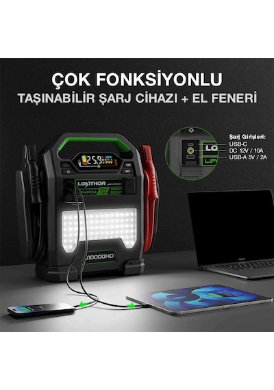 Lokithor J10000hd 12v/24v 10.000amp Lifepo4 Akıllı Akü Takviye + Powerbank + Led Lamba