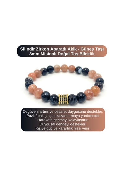 Sertifikalı Zirkon Aparatlı Göz Akik - Güneş Taşı - 8mm Doğal Taş Misinalı Bileklik Çok Renkli