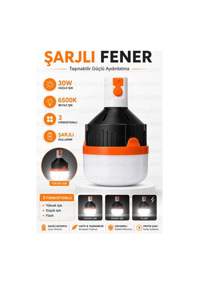 Şarjlı Led Kamp Feneri 30w Güçlü Işık 6500k Beyaz Aydınlatma 3 Fonksiyonlu Taşınabilir Acil Durum Ve Çok Renkli