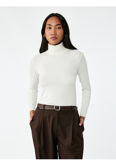 Koton Slim Fit Viskon Kumaş Uzun Kollu Balıkçı Yaka Tişört Ekru 6wak50162ek Ekru