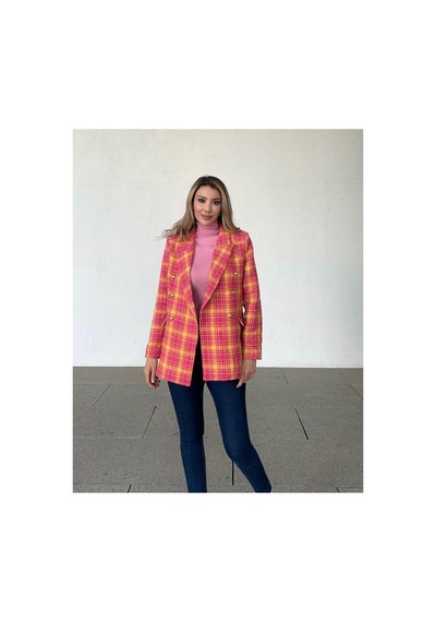 Rabia Çelik Gold Düğme Detaylı Kareli Pembe Tüvit Blazer Ceket Pembe Pembe