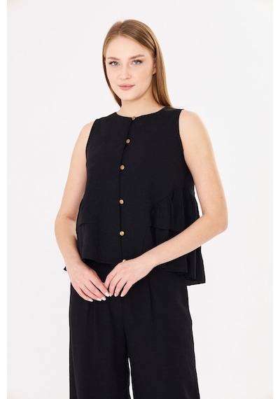 Sortie Collection Kadın Metal Düğmeli Kat Kat Volanlı Siyah Keten Bluz