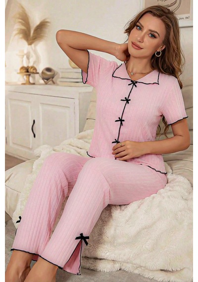Bella Notte Pembe Pamuklu Siyah Overlok Ve Fiyonk Detaylı Kısa Kollu Pijama Takımı