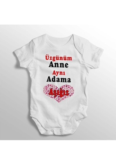 İmaj Tuğbababy Üzgünüm Anne Aynı Adama Aşığız Yazılı Baskılı Bebek Zıbını Beyaz