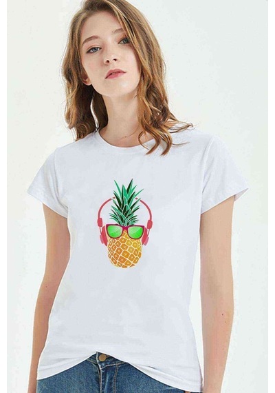 Ananas Retro Gözlük Baskılı Beyaz Kadın Tshirt
