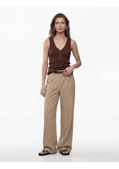 Koton Keten Görünümlü Straight Fit Cepli Kemerli Geniş Paça Palazzo Pantolon Vizon 6sak40383pw Taba