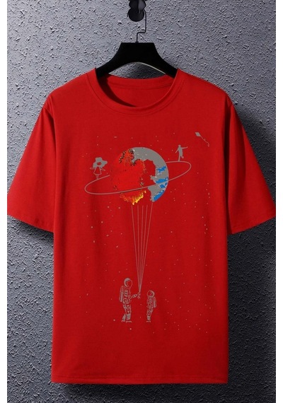 Unisex Evren Temalı Baskılı Kısa Kol T-shirt Kırmızı