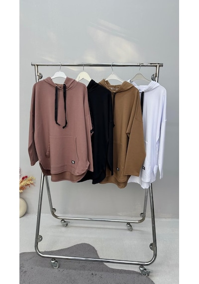 Koza Butik Kadın Büyük Beden Uzun Kollu Kapüşonlu Kanguru Cepli Sweatshirt 2016 Siyah