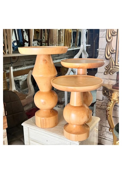 Wood Ahşap 3 Lü Set Fitilli Mantar Yan Sehpa Modern Fiskos / Çiçe