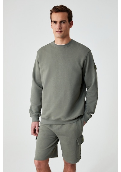 Grimelange OLLIE Erkek Bisiklet Yaka Regular Uzun Kollu Nakış Detaylı Haki Sweatshirt