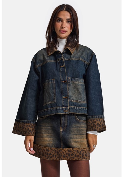 Kadın T.kot Rengi 2w6-8 Oversize Kemer Boy Leopar Detaylı Tasarım Denim Ceket