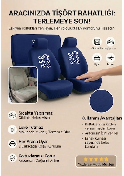 Peugeot 407 İle Uyumlu Ön Arka Koltuk Kılıf Seti Penye Yapı Lacivert