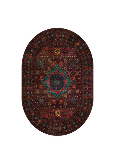 Frenda Home Fas Kapısı Desenli Yıkanabilir Pamuk Taban Oval Halı Kahve