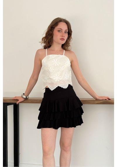 Verymoda Çiçek Motifli Askılı Bluz D3122 Taş