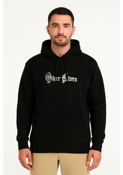 Vinevesta Erkek Kapüşonlu Kanguru Cepli Sweatshirt 3 İplik Pamuklu Baskılı Hoodie - Siyah Çok Renkli