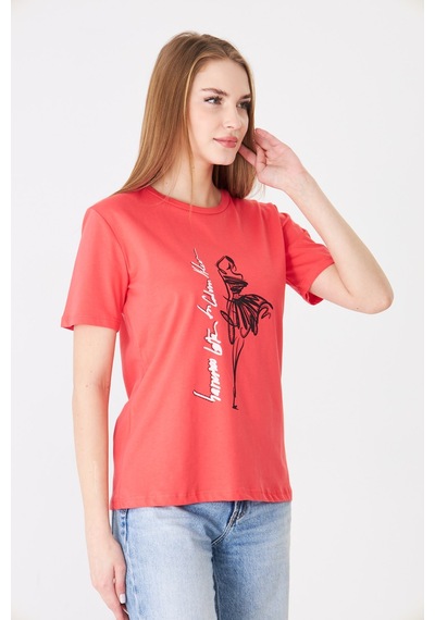 Sortie Collection Eteği Tül Detaylı Silüet Baskılı Basic Tshirt Mercan