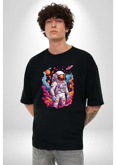Ay Mars Astronot Pamuklu Bisiklet Yaka Unisex Oversize Boyfriend Dijital Baskılı Siyah T-shirt Siyah