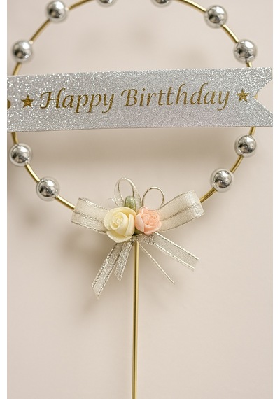 Gümüş Halkalı Happy Birthday Pasta Süsü Çiçekli Fiyonklu Parlak Doğum Günü Dekoru