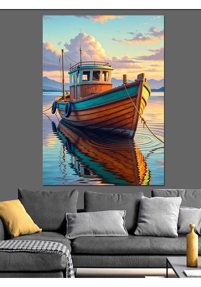 Ahşap Tablo Deniz Kıyısında Ahşap Balıkçı Teknesi