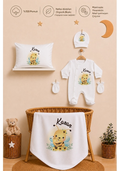 Pia Baby İsme Özel Erkek Bebek Tulum Seti %100 Pamuk Organik Baskılı Yastık Kılıfı Ve Battaniyeli Tulum 2064tyb0x Ekru