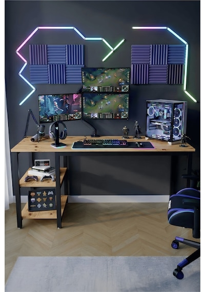 Reflekta Raflı Oyuncu Masası 60x160 Cm. Gaming Masa Demonte Atlantik Çam-siyah Reflekta Raflı Oyuncu Masası 60x160 Cm. Gaming Masa Demonte Atlantik Çam-siyah