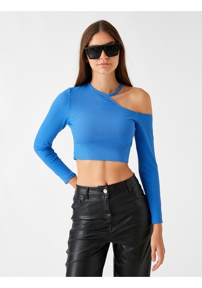 Koton Crop Tişört Uzun Kollu Pencere Detaylı Saks 3wal10196ık 3WAL10196IK968 Saks Mavi