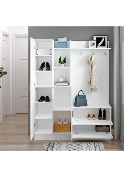 Yurudesign Wisdom Vestiyer Ayakkabılık Portmanto Aynalı Raf Beyaz