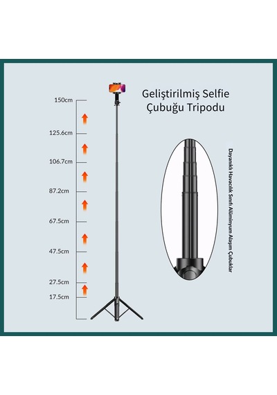 Apexel 1.5 Metre Profesyonel Uzayan Bluetooth Selfie Çubuğu Ve Tripod Standı