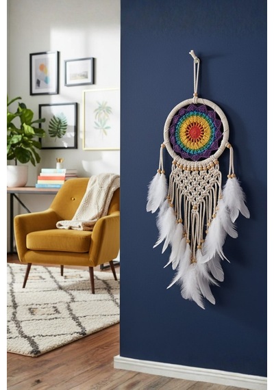 El Yapımı Rengarenk Desenli Ahşap Boncuklu Örgülü Makrome Ev Bohem Duvar Dekorasyonu Dream Catcher