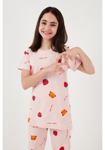 Lela % 100 Pamuk Bisiklet Yaka Kısa Kollu Kız Çocuk Pijama Takımı 6651002 Pembe