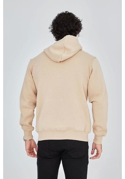 Unisex Tam Fermuarlı Kapşonlu Sweatshirt - Bej Bej