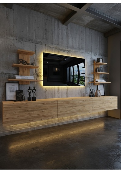 Resital Duvara Monte Ledli 270 Cm Tv Ünitesi Duvar Raflı - Ll6037 Atlantik Çam