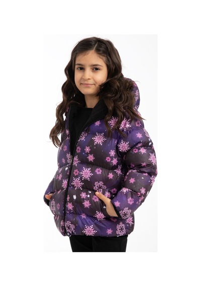 Spor Kız Çocukçiçek Desen Polar Su Ve Rüzgar Geçirmez Kapüşonlu Şişme Mont-95 Mor