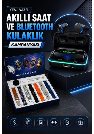 Powerbank Bluetooth Kulaklık Ve Akıllı Saat 7 Kordonlu Metal Kord