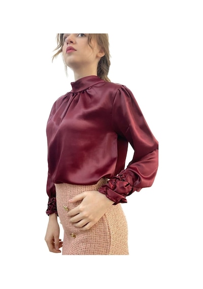 Mois Atelier Bordo Saten Büzgülü Bluz Gömlek Tasarım Büyük Beden Tesettür Bordo