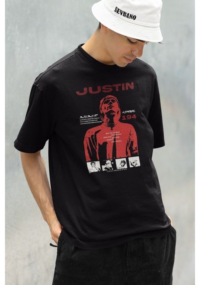 Tasarım Şarkıcı Justin Bieber Baskılı Unisex Oversize Tişört Siyah