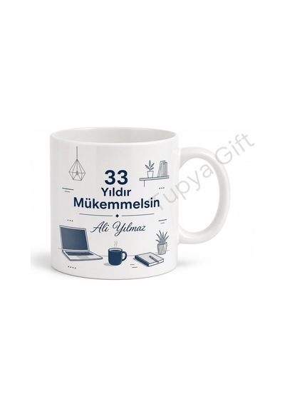 Modern Ofis Tasarımlı 33 Yaş Doğum Günü Hediyesi Kahve Kupası Bardak Beyaz / Çok Renkli