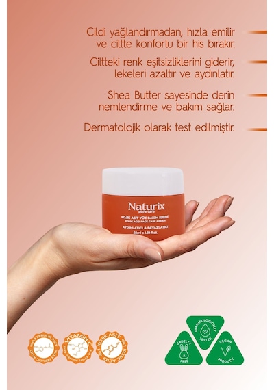 Naturix Kojik Asit Yüz Bakım Kremi - Leke Karşıtı, Aydınlatıcı, Cilt Tonu Eşitleyici, Niacinamide 50ml