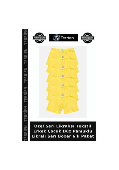 Terrien Özel Seri Likralısı Tekstil Erkek Çocuk Düz Pamuklu Likralı Sarı Boxer 6'lı Paket