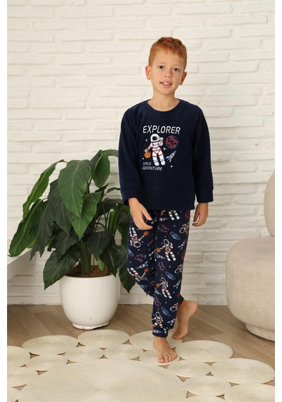 Yeni Stil Sonbahar/kış Erkek Çocuk Uzay Figür Astronot Desen Polar Pijama Takımı 4565 Lacivert