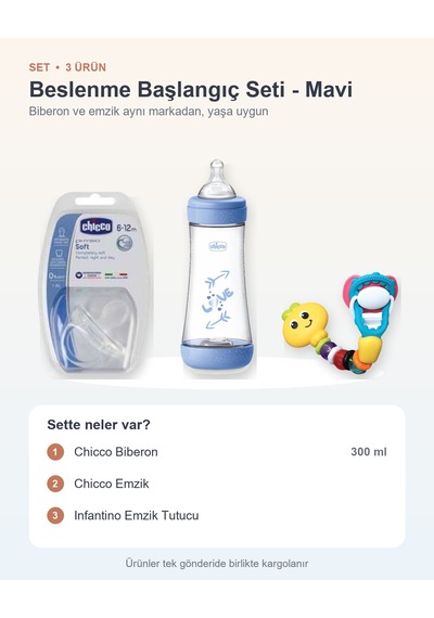 Beslenme Başlangıç Seti 3 Parça: Chicco Biberon + Chicco Emzik + Infantino Emzik Tutucu - Mavi