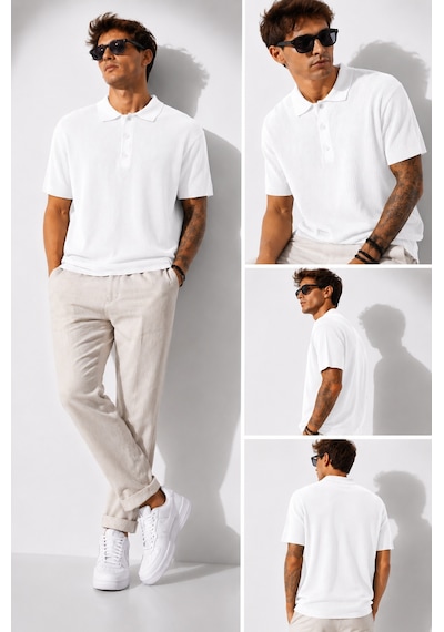 Ribana Erkek Kısa Kollu Fitilli Yarım Düğme Kapama Polo Yaka T-shirt 26001 Beyaz