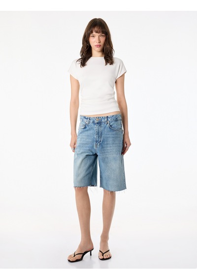 Koton Slim Fit Kısa Kollu Bisiklet Yaka Büzgülü Tişört Ekru 6sal10637ık
