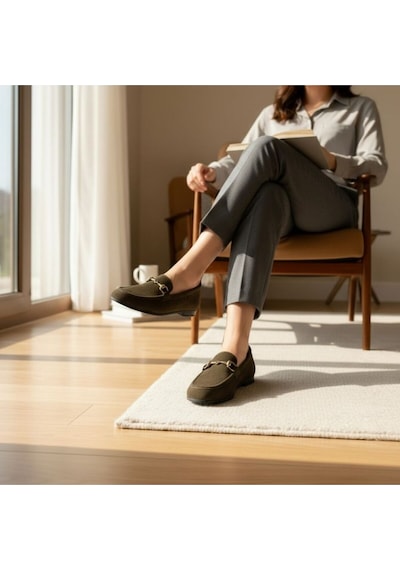 Ne&ve Shoes Haki Süet Hakiki Deri Gold Zincir Aksesuarlı Kadın Loafer Ayakkabı
